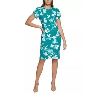 Calvin Klein Printed Tulip sleeve Sheath Dress Size 18W Teal Floral Business